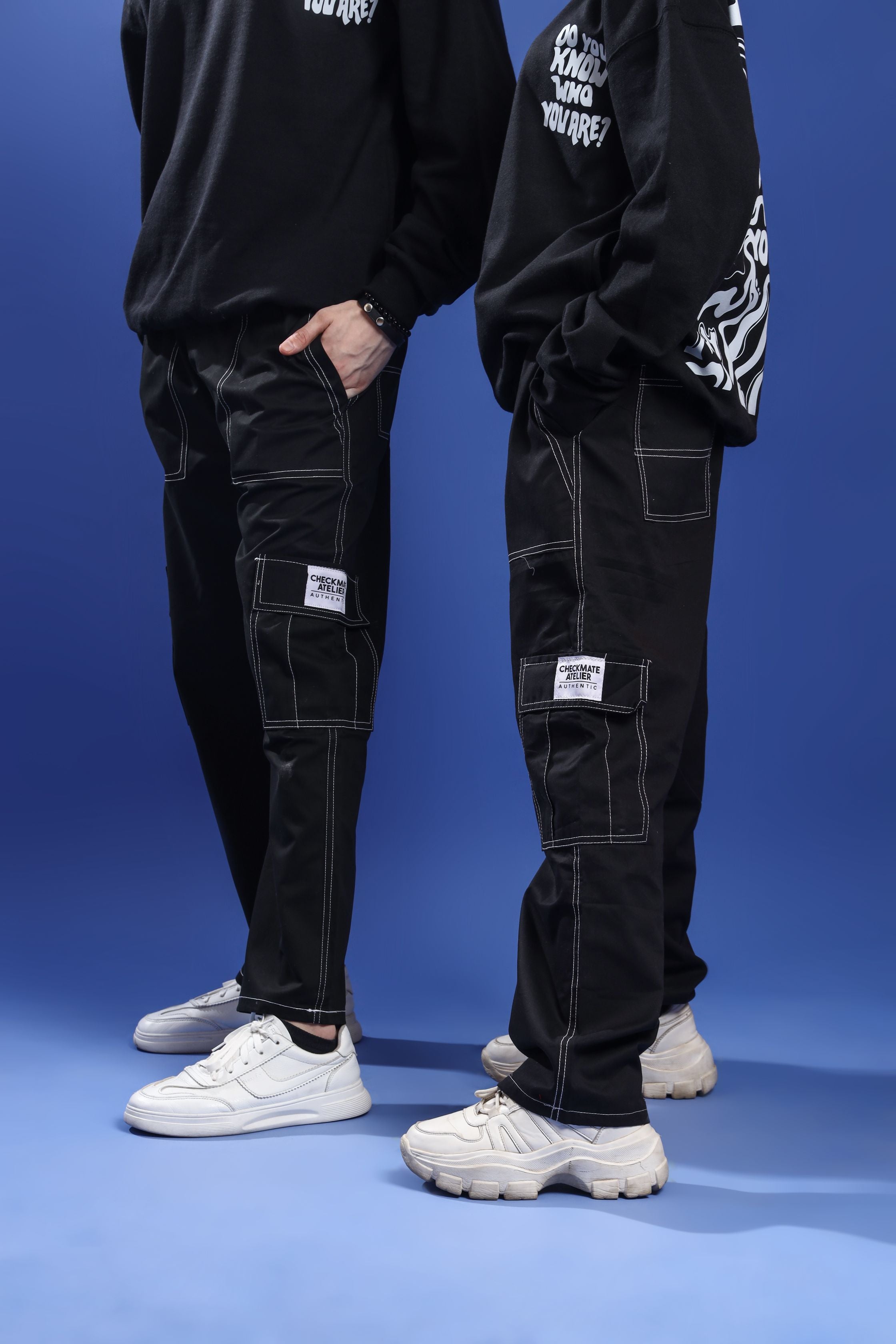 BLACK STRAIGHT CARGO PANT (WHITE LINES) - Shop Now - Checkmate Atelier