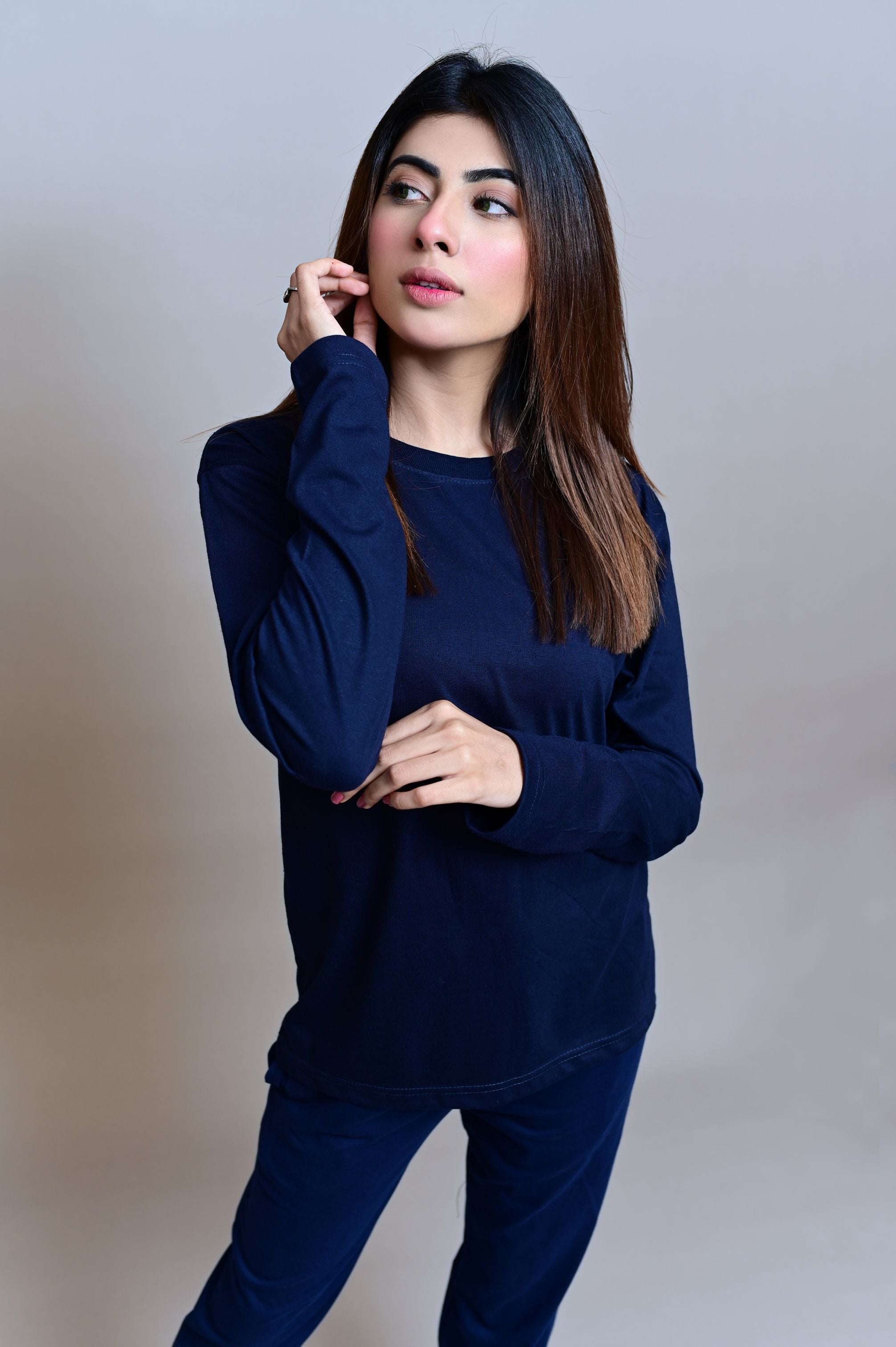 Navy Blue Full Sleeves T-Shirt - W - Shop Now - Checkmate Atelier