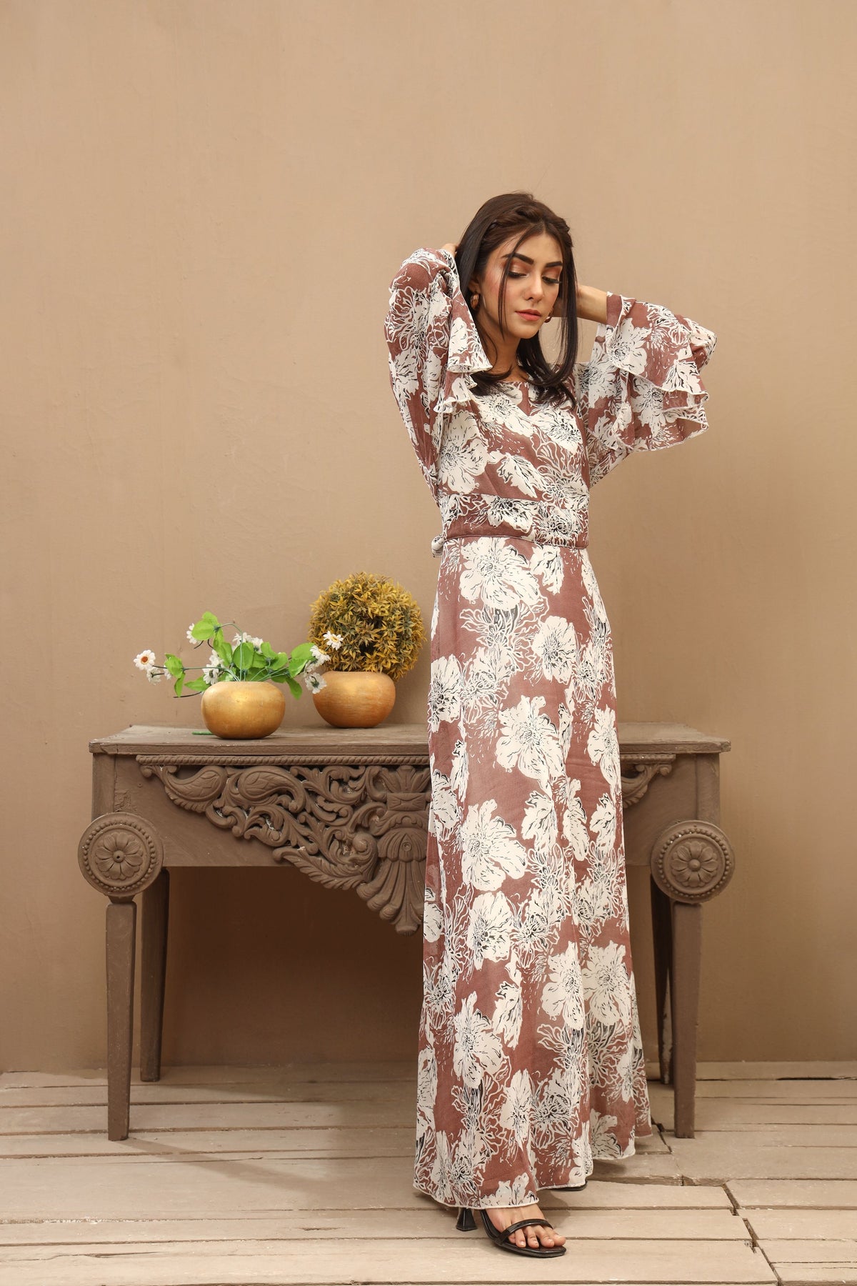 BROWN FLORAL DRESS - Shop Now - Checkmate Atelier