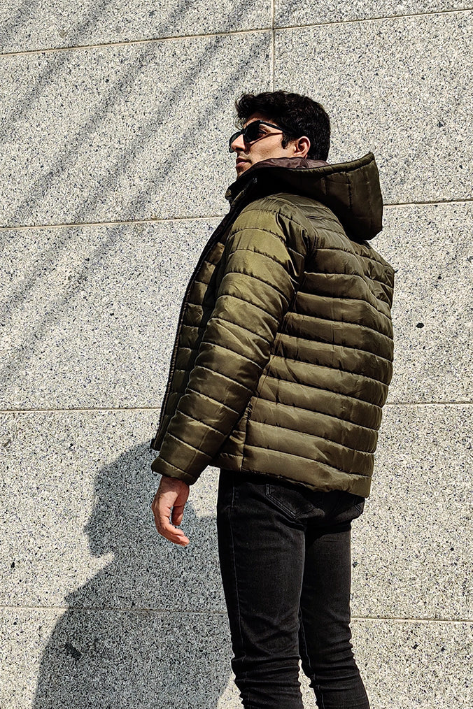 GREEN DETACHABLE HOODED PUFFER JACKET - Shop Now - Checkmate Atelier