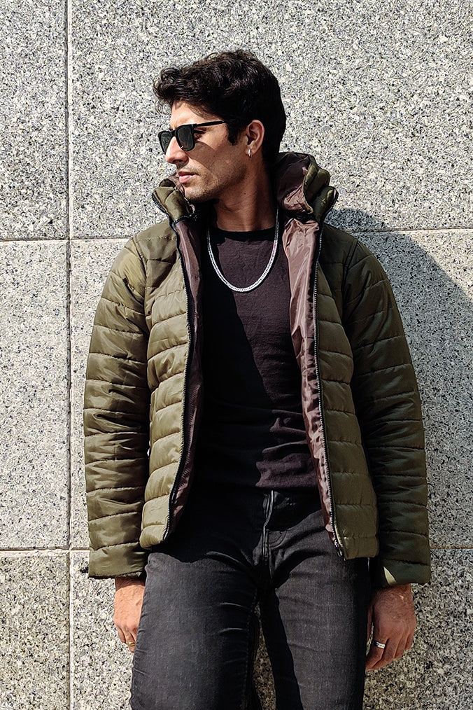 GREEN DETACHABLE HOODED PUFFER JACKET - Shop Now - Checkmate Atelier