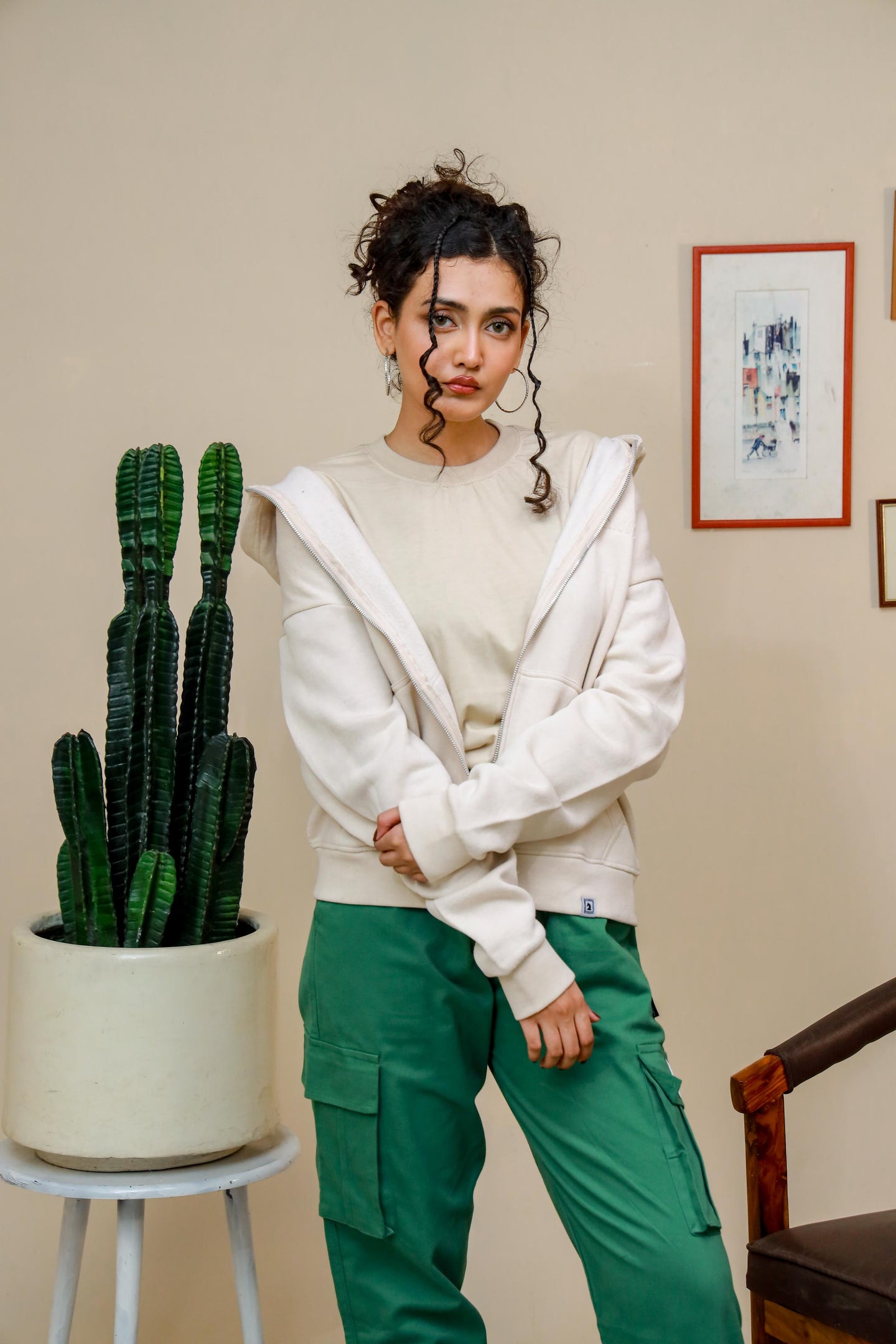 Shop [MINOR FAULT] CREAM ZIP UP HOODIE Online in Pakistan