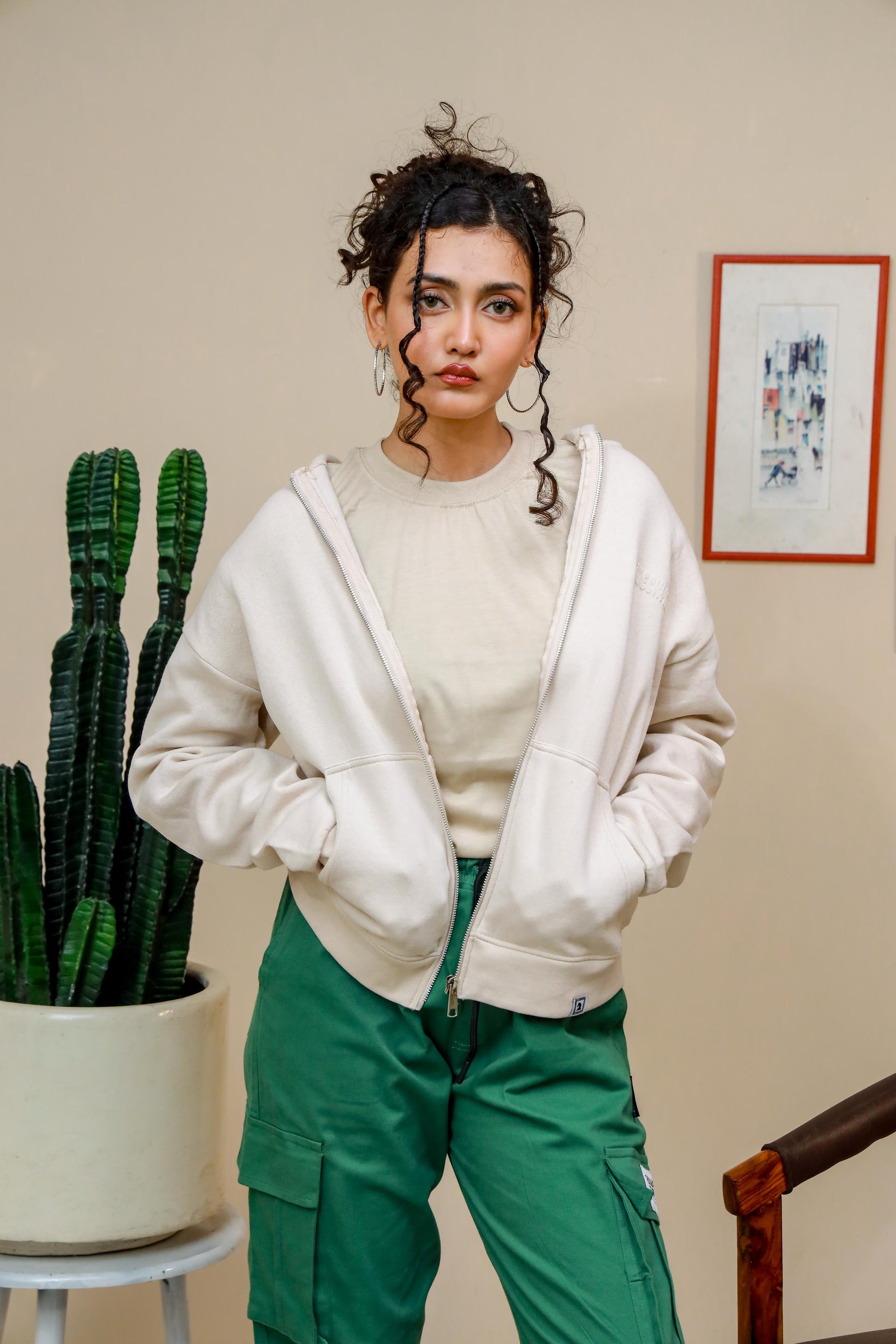 Shop [MINOR FAULT] CREAM ZIP UP HOODIE Online in Pakistan