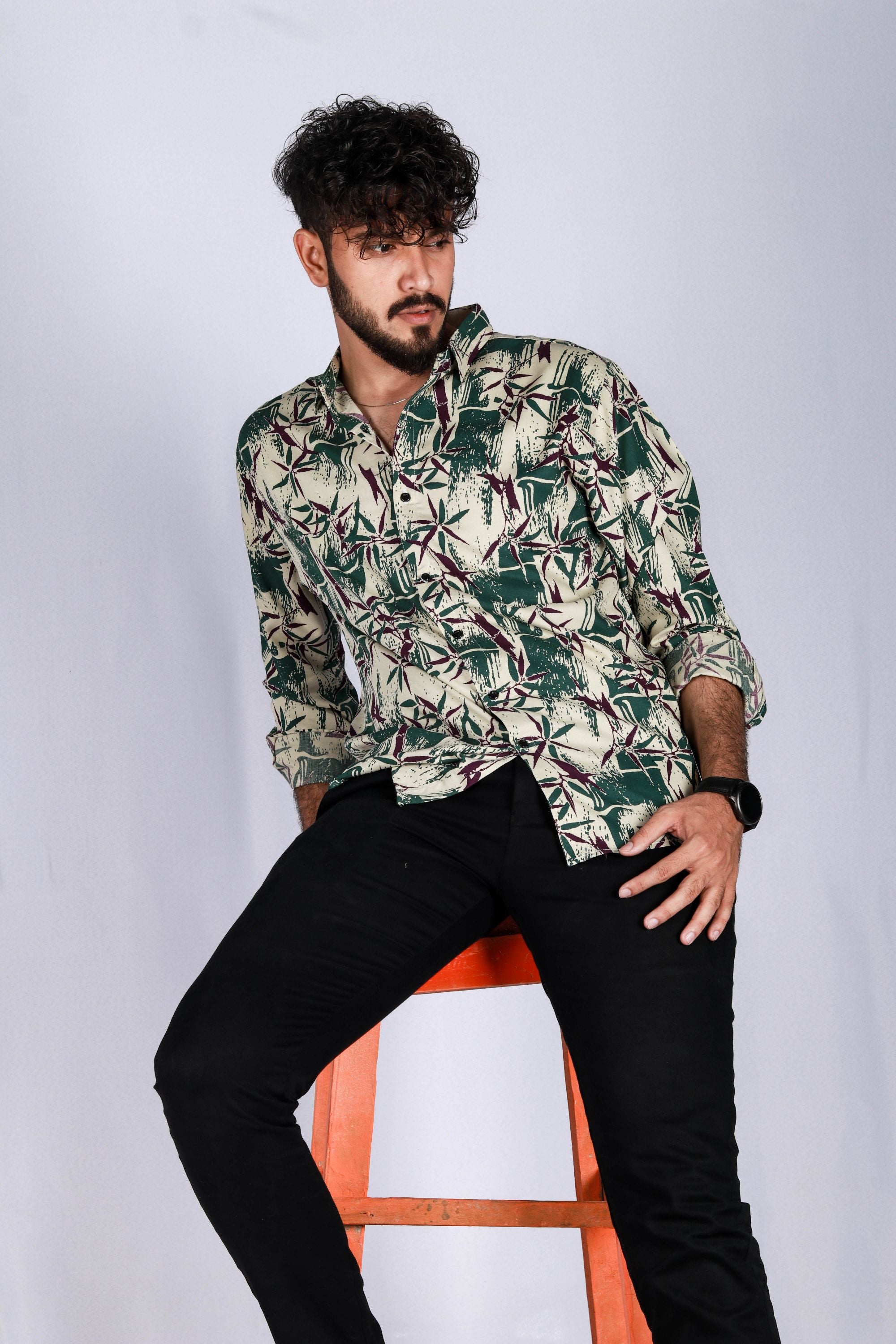Green & Purple Leaves Print Casual Shirt - Checkmate Atelier - Official Online Store