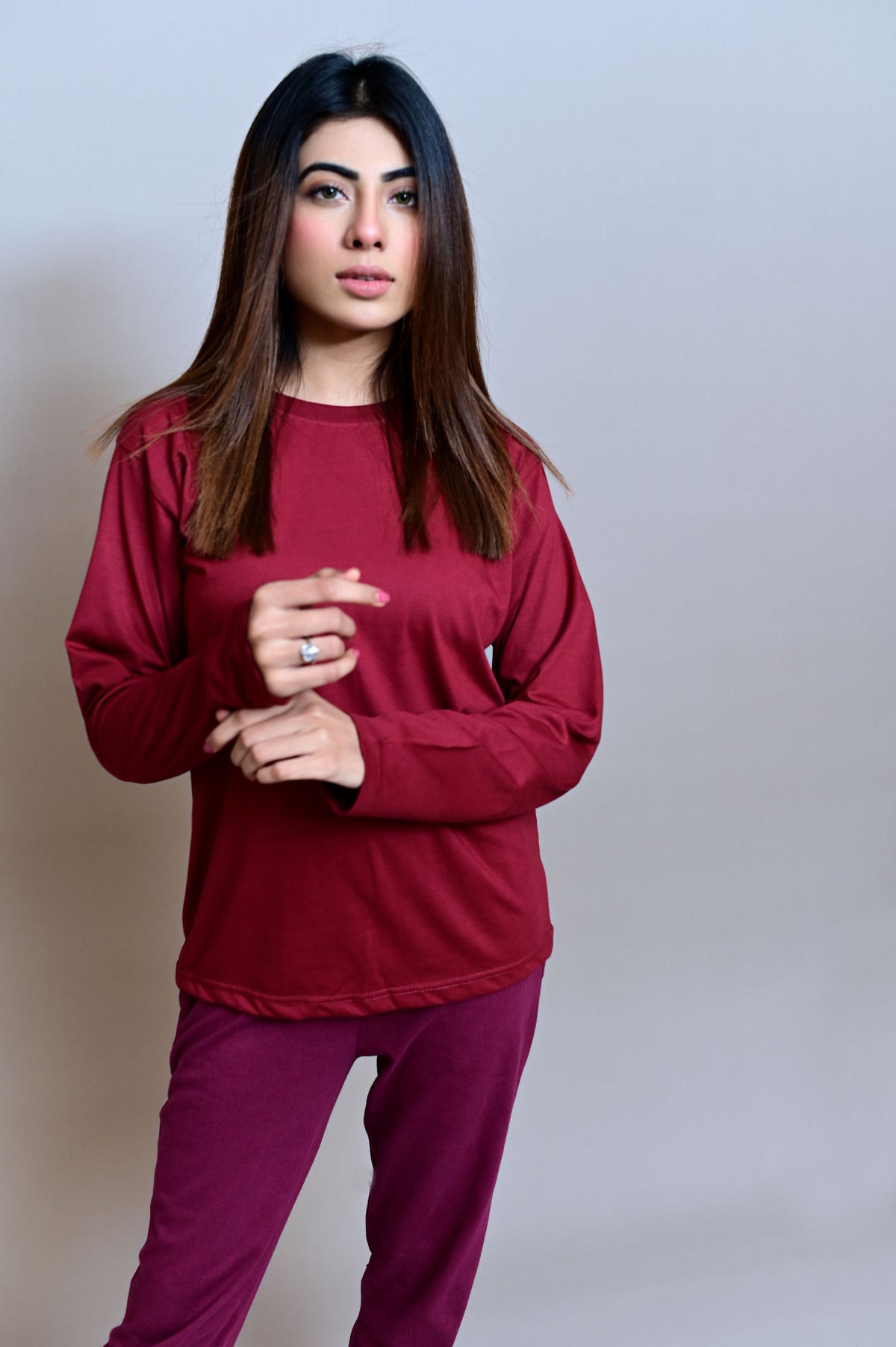 Maroon Full Sleeves T-Shirt - W - Checkmate Atelier - Official Online Store