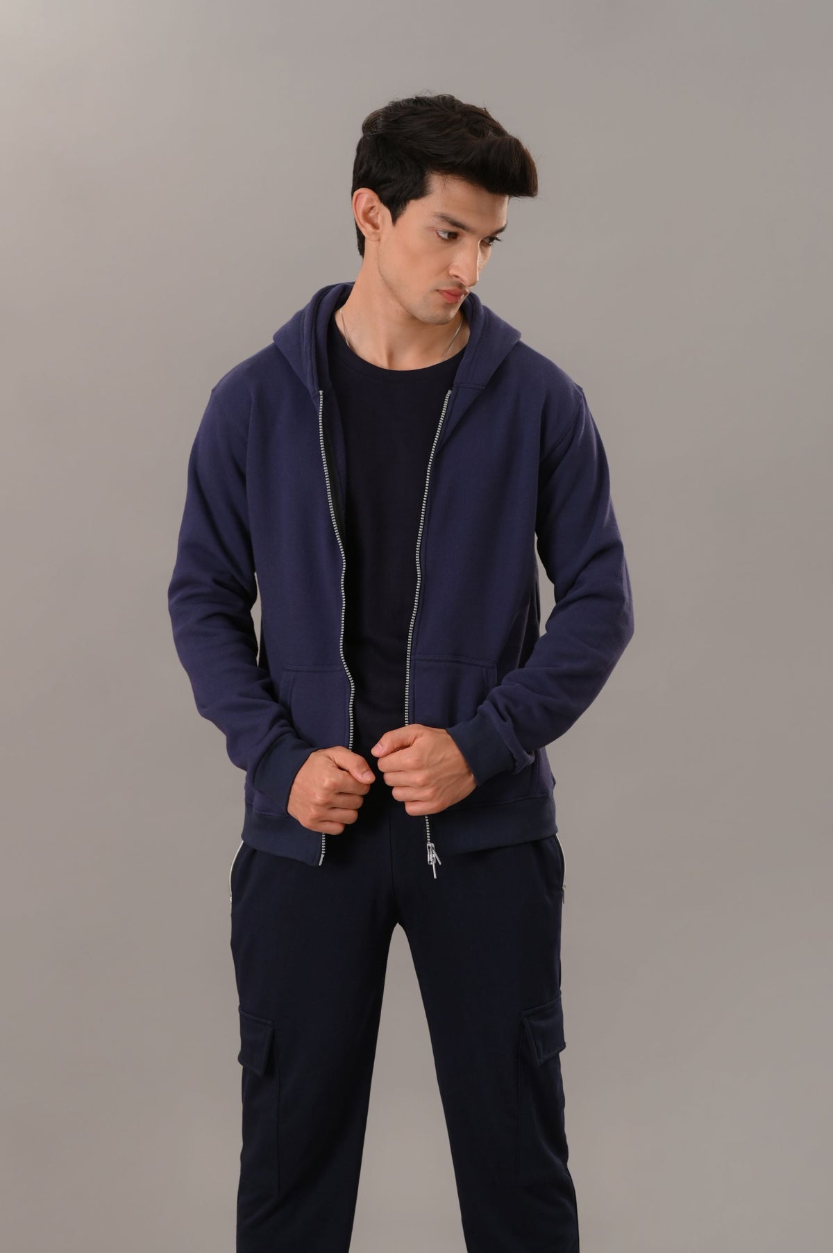 Navy Blue Zipper Hoodie - M - Checkmate Atelier - Official Online Store