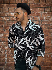 White & Black Leaves Print Casual Shirt - Checkmate Atelier - Official Online Store